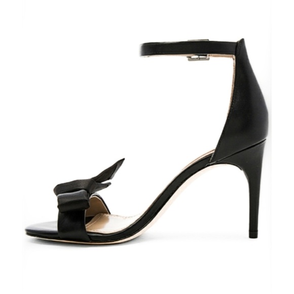BCBGMAXAZRIA Black Leather Satin Bow Ankle Strap Sandal Heel - Picture 4 of 12